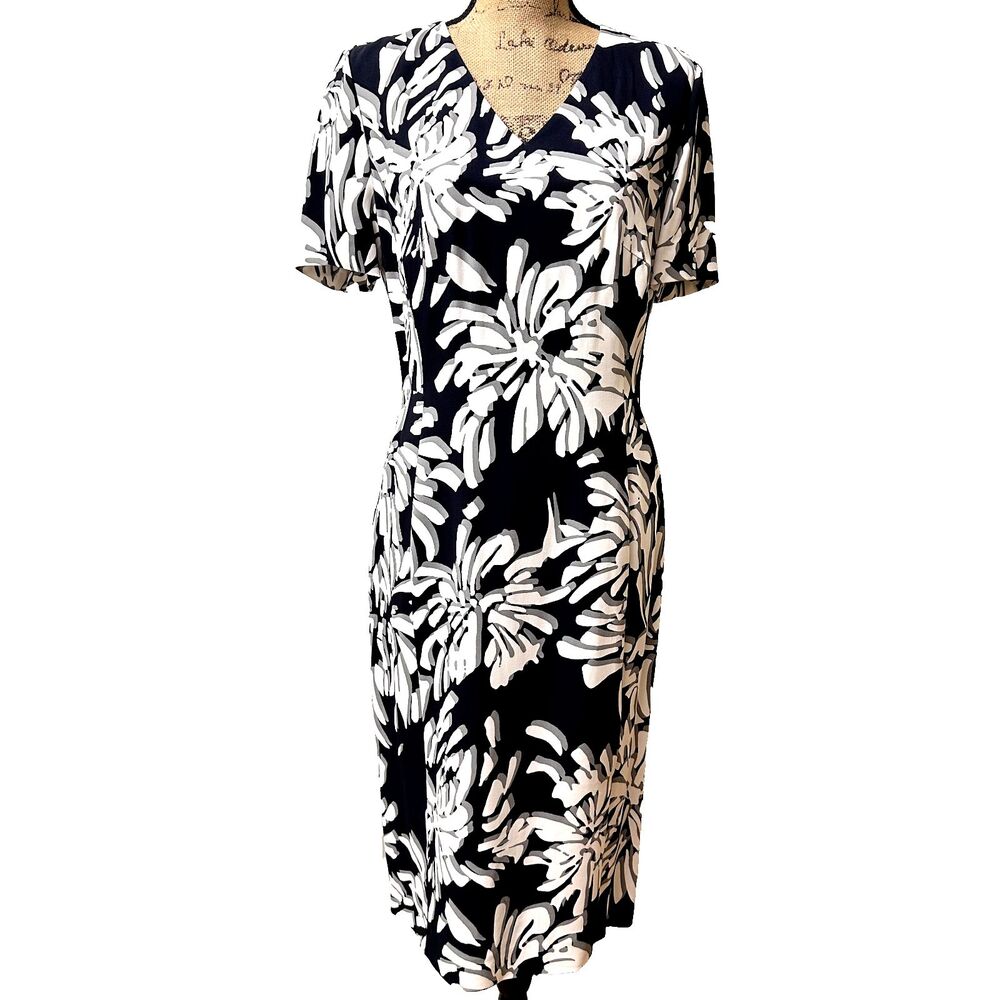 Hugo Boss Deala Sheath Dress SZ 8 Navy/White Floral Short Sleeve Lined Zip Back
